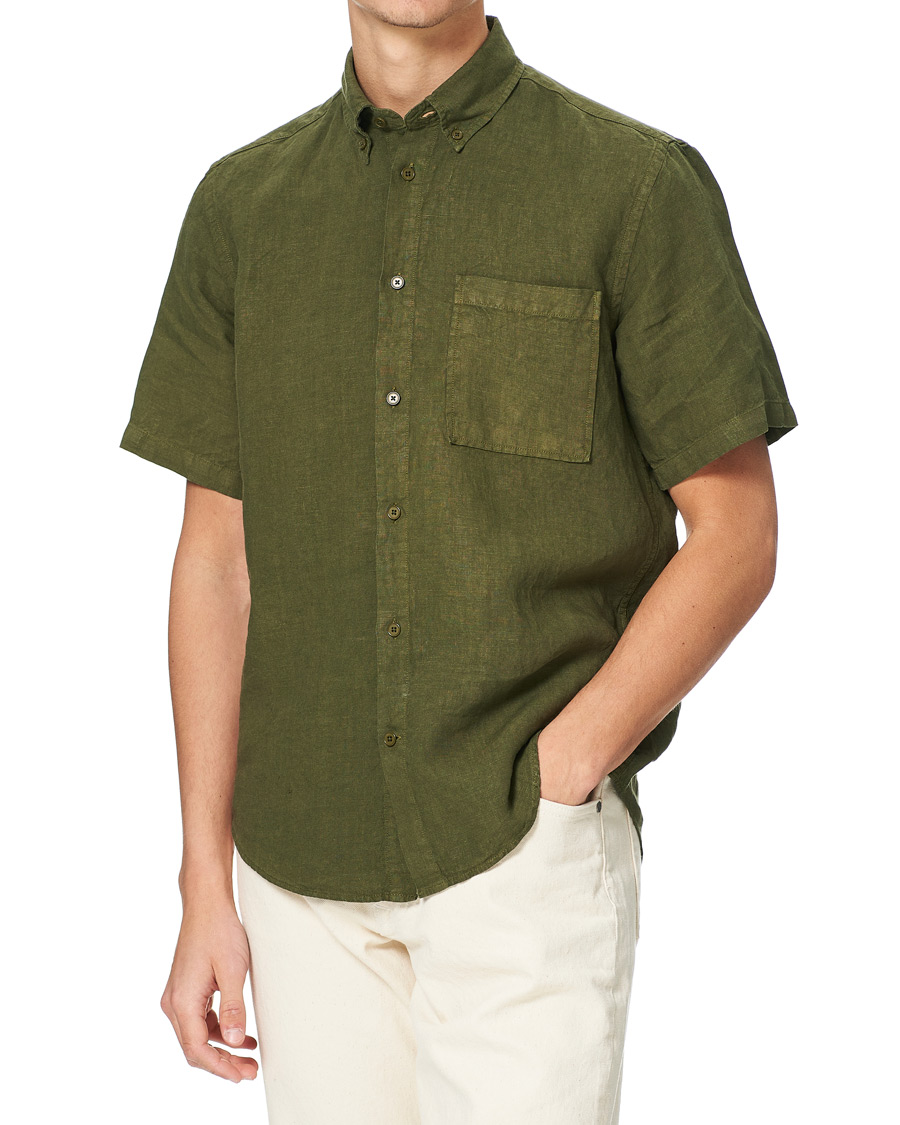 Men | Short Sleeve Shirts | NN07 | Arne Linen Short Sleeve Shirt Dark Olive
