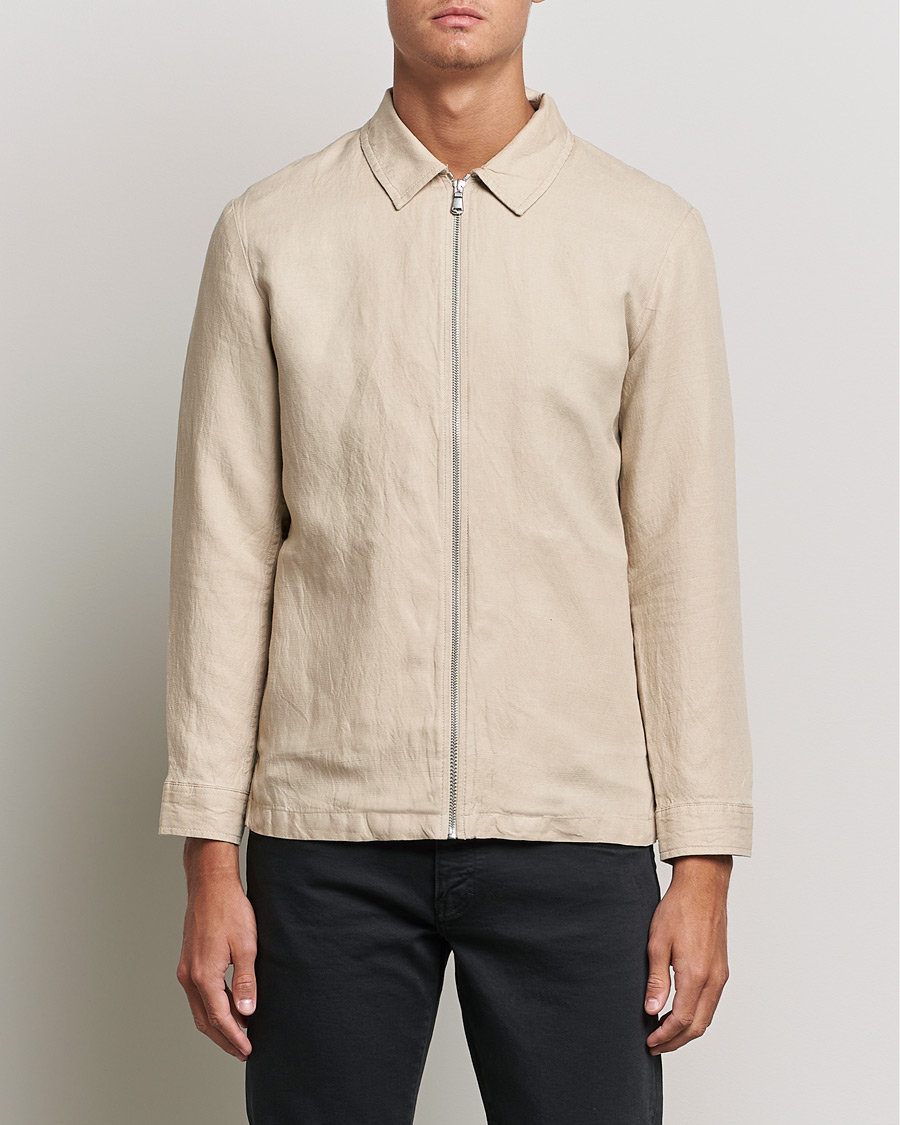 Men | Shirts | J.Lindeberg | Jason Zip Linen Shirt Jacket Safari Beige