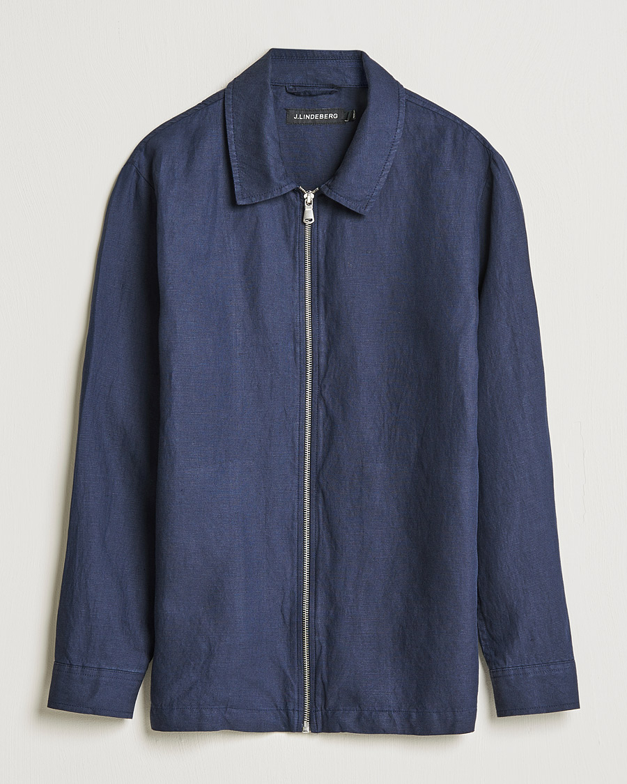 Men | Coats & Jackets | J.Lindeberg | Jason Zip Linen Shirt Jacket Navy