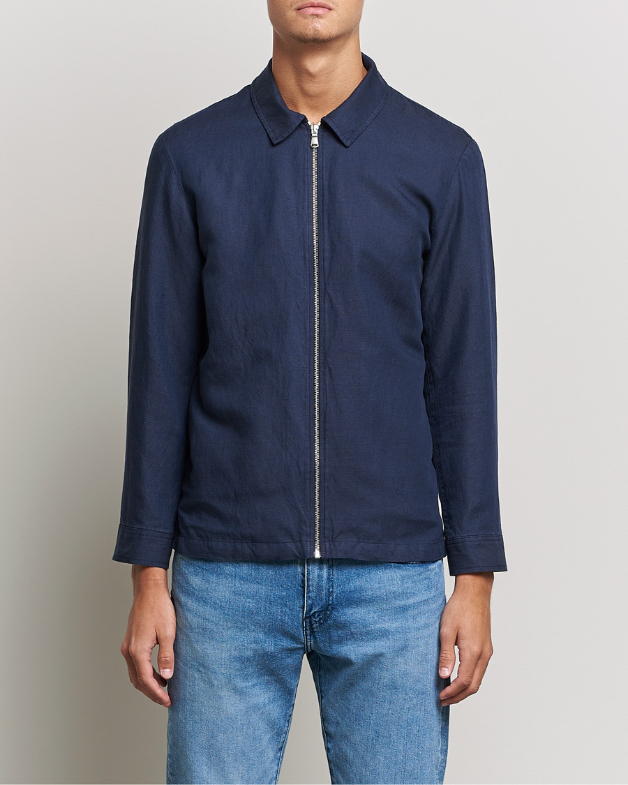 Men |  | J.Lindeberg | Jason Zip Linen Shirt Jacket Navy