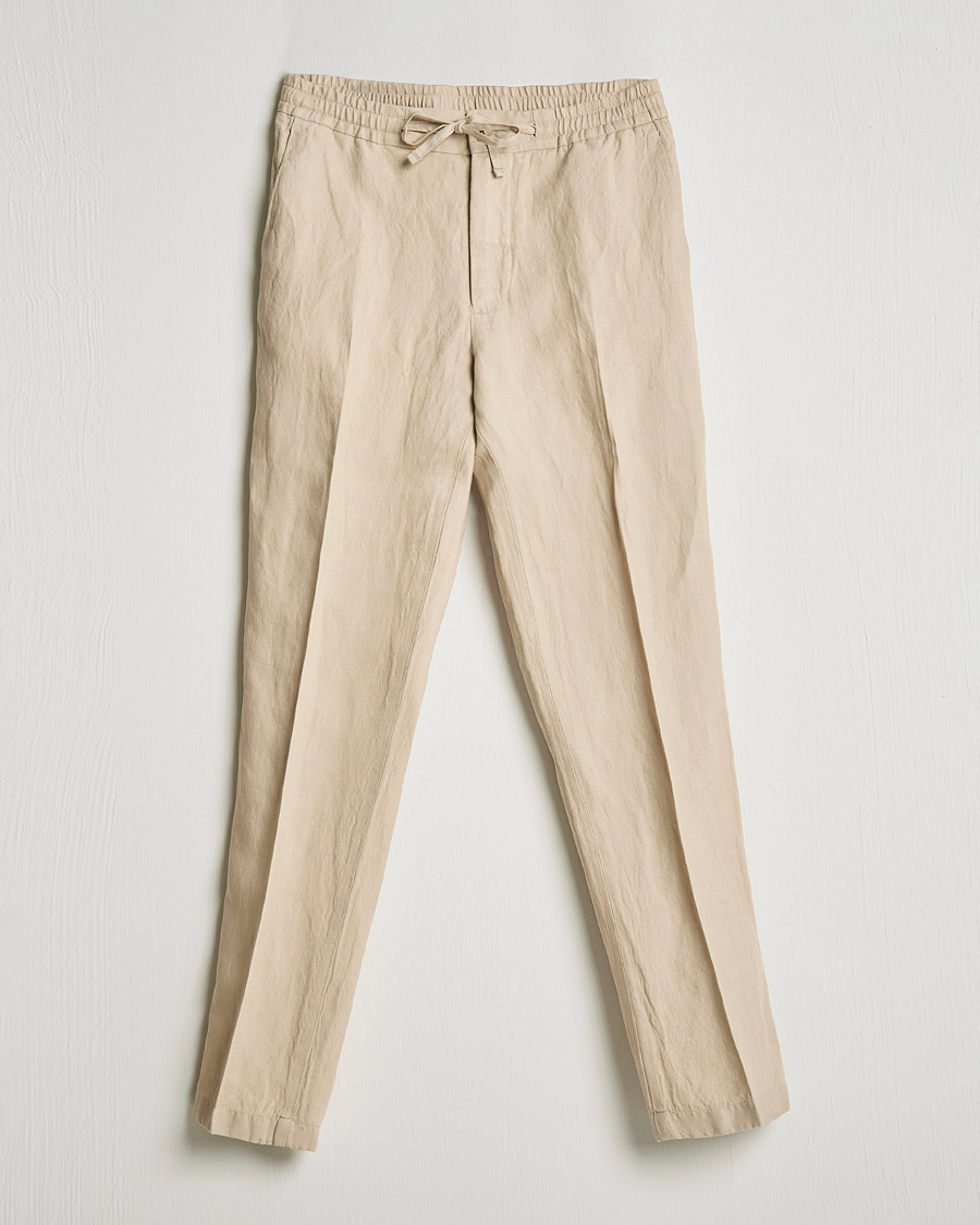 Men | Linen Trousers | J.Lindeberg | Sasha Drape Linen Drawstring Trousers Safari Beige