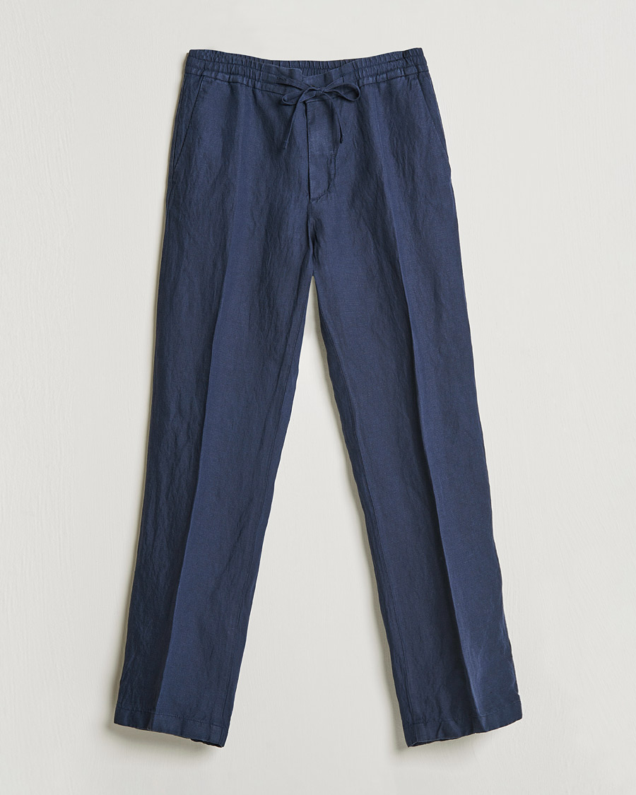 Men | Linen Trousers | J.Lindeberg | Sasha Drape Linen Drawstring Trousers Navy