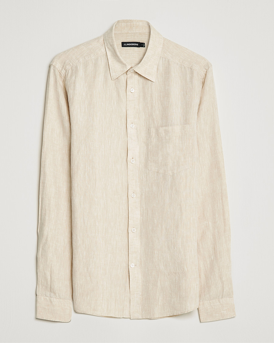 Men | Linen Shirts | J.Lindeberg | Linen Melange Slim Shirt Safari Beige