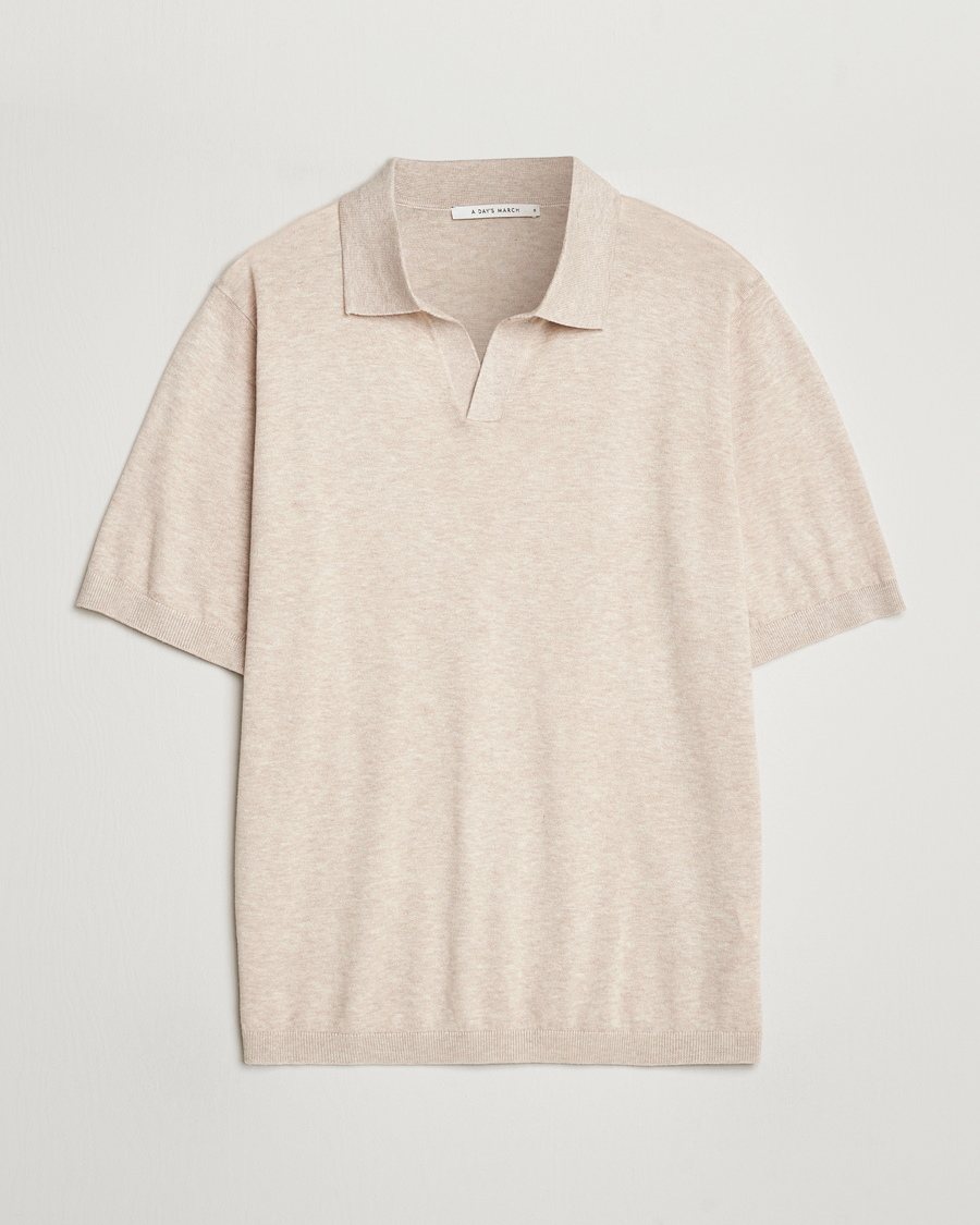 Men | Polo Shirts | A Day's March | Ebro Cotton/Merino Open Collar Polo Sand