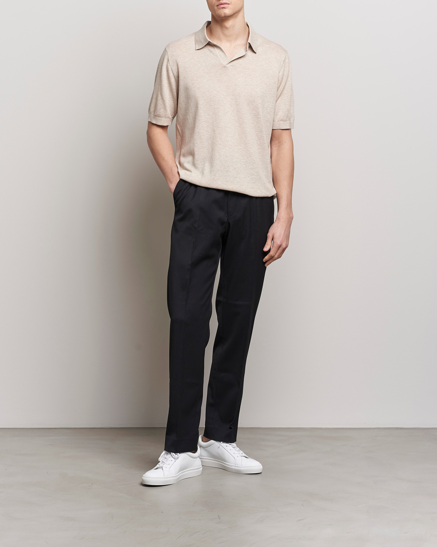 Men | Polo Shirts | A Day's March | Ebro Cotton/Merino Open Collar Polo Sand