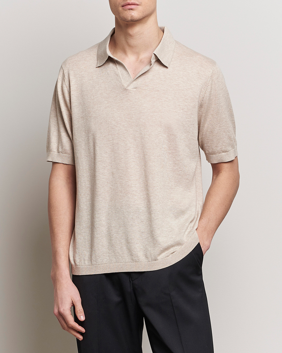 Men | Short Sleeve Polo Shirts | A Day's March | Ebro Cotton/Merino Open Collar Polo Sand