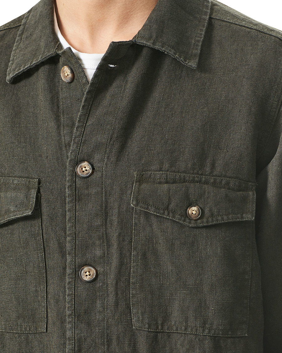 Men | Shirts | A Day's March | Heavy Linen Patch Pocket Overshirt Olive