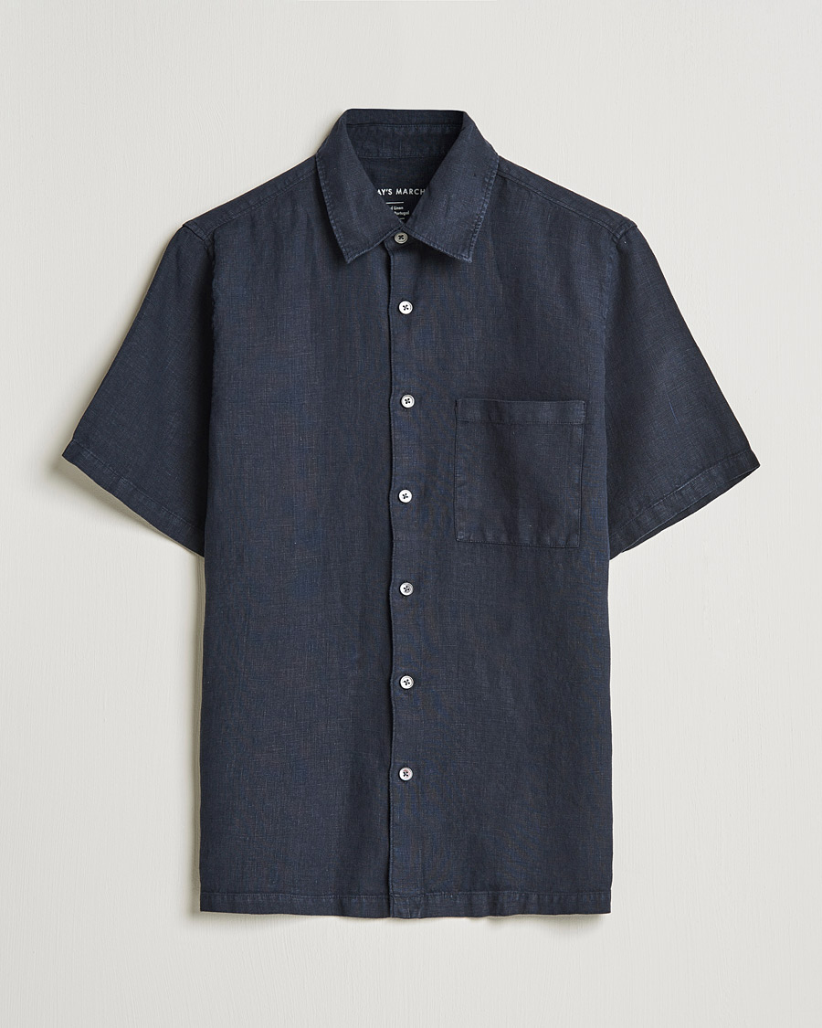 Men | Shirts | A Day's March | Khito Short Sleeve Linen Shirt Dark Navy