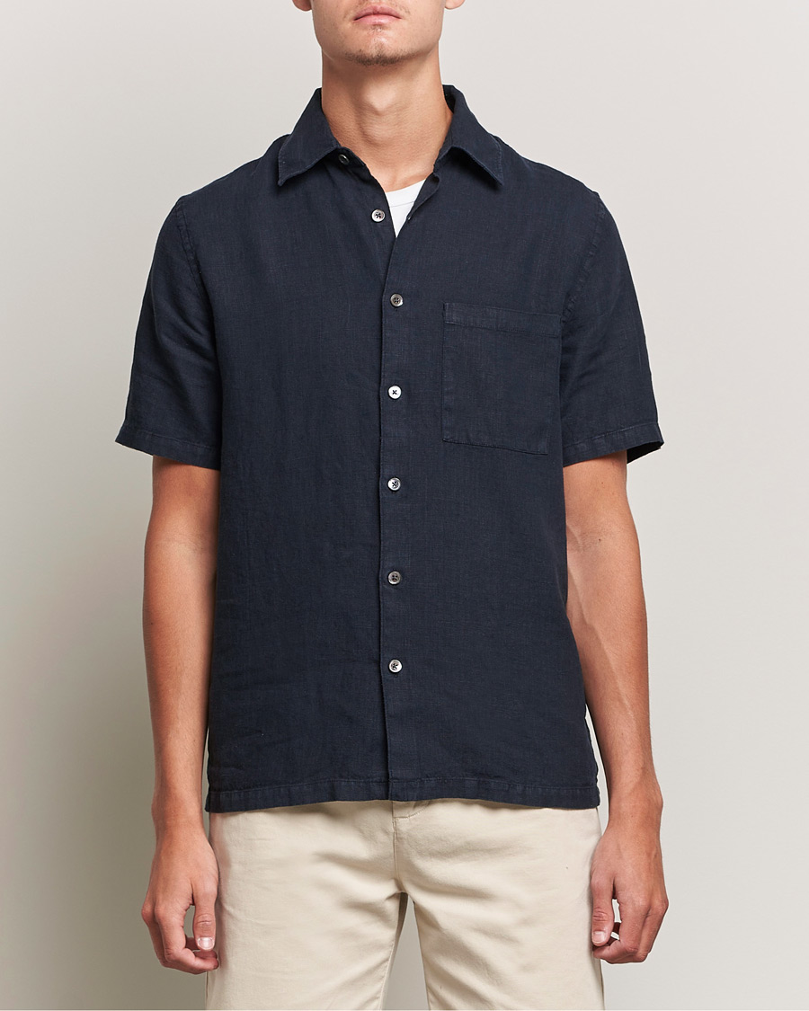 Men | Shirts | A Day's March | Khito Short Sleeve Linen Shirt Dark Navy