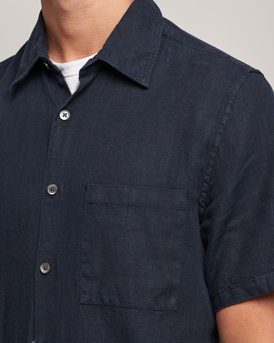 Men | Shirts | A Day's March | Khito Short Sleeve Linen Shirt Dark Navy