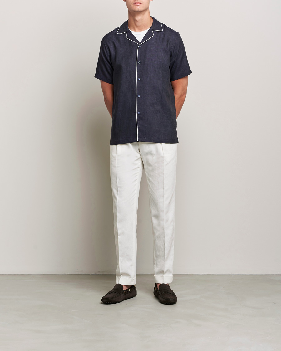Men | Shirts | Orlebar Brown | Hibbert Short Sleeve Linen Shirt Navy