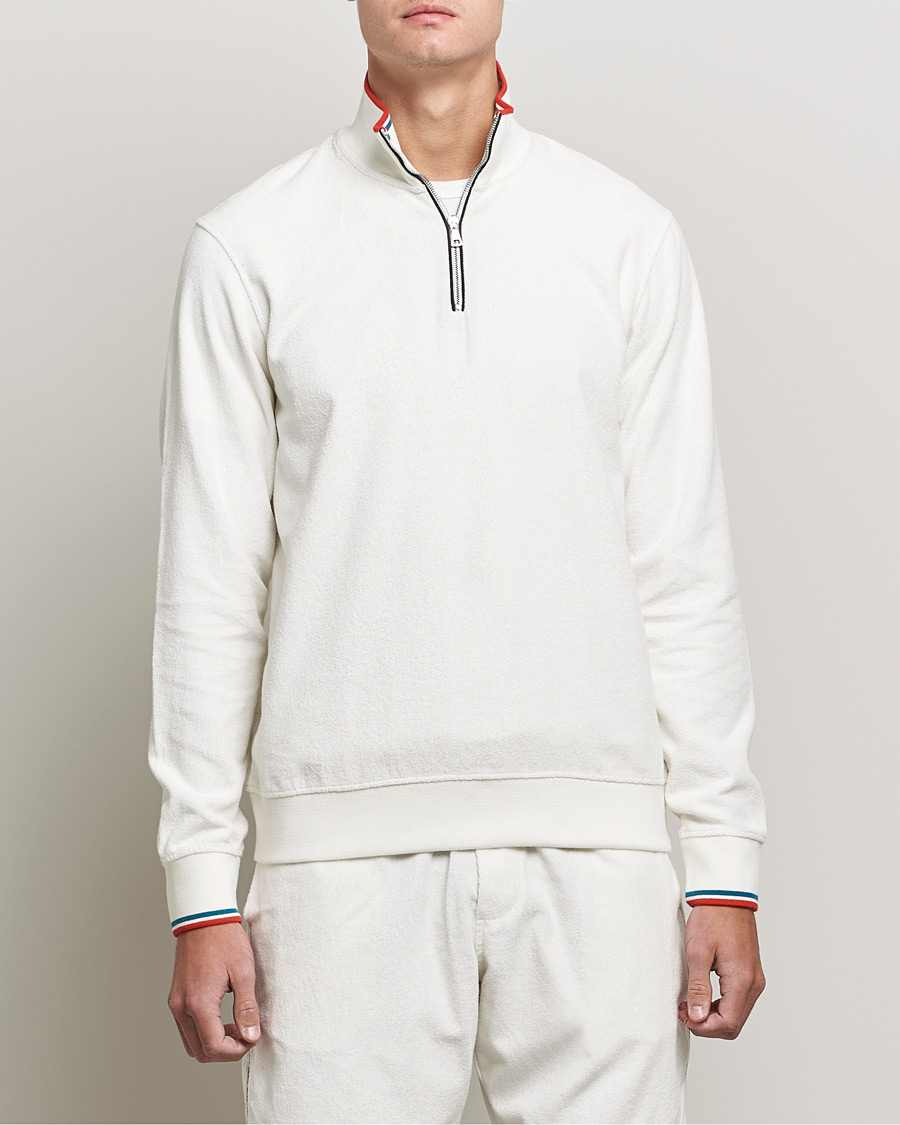 Men | The Terry Collection | Orlebar Brown | Nielson OB Stripe Towelling Half Zip White Sand