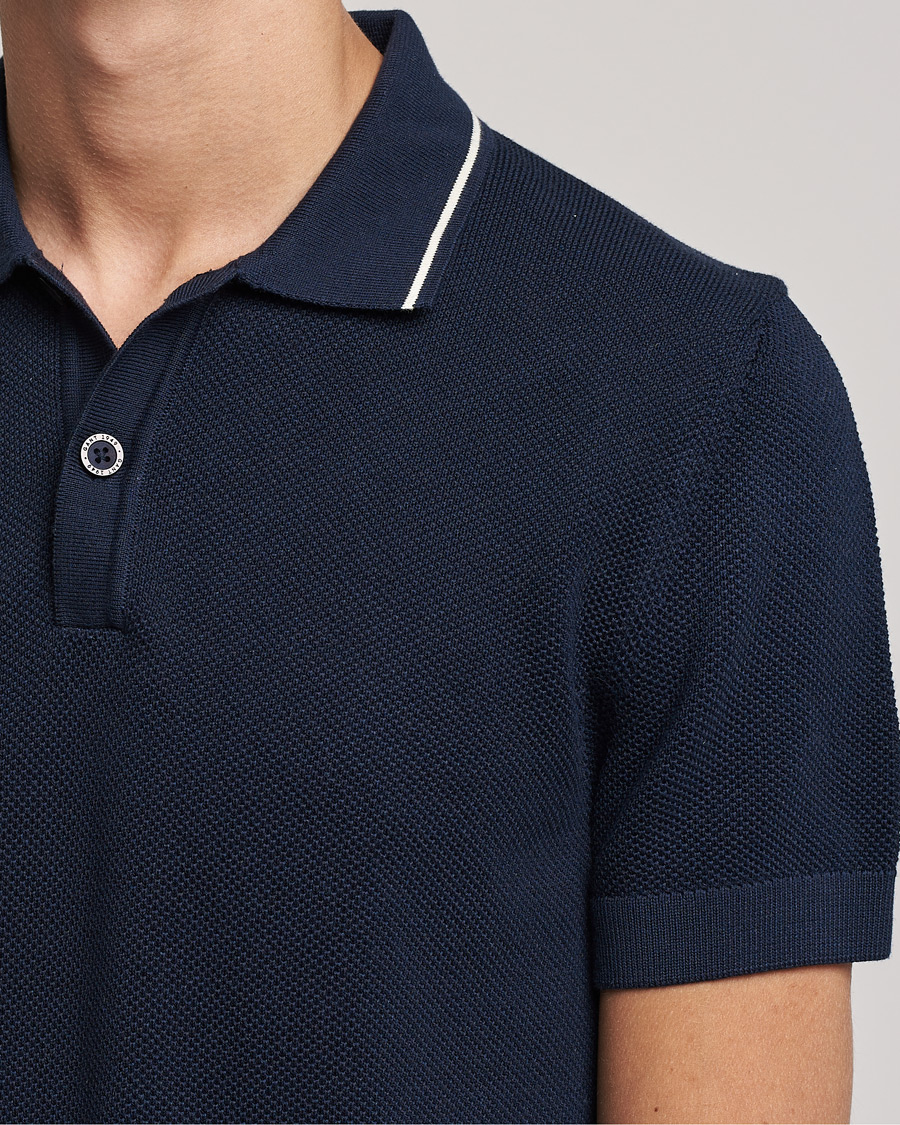 GANT open neck cotton texture knit polo in evening blue