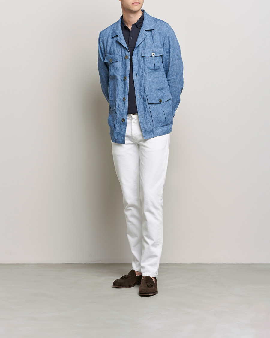 Men | Shirts | Oscar Jacobson | Safari Linen Shirt Jacket Smog Blue