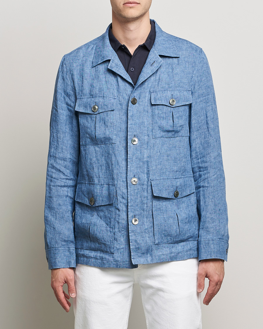 Men |  | Oscar Jacobson | Safari Linen Shirt Jacket Smog Blue