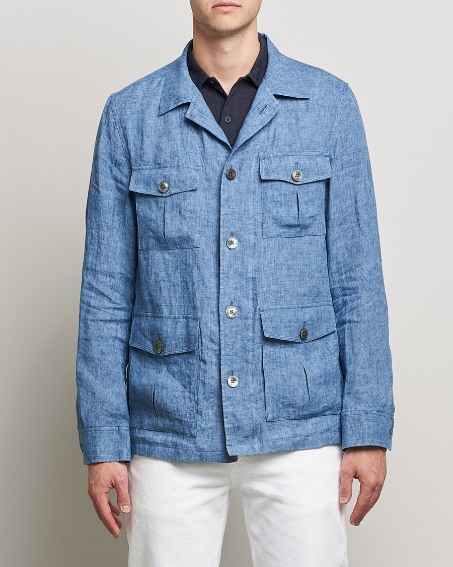 Men | Shirts | Oscar Jacobson | Safari Linen Shirt Jacket Smog Blue