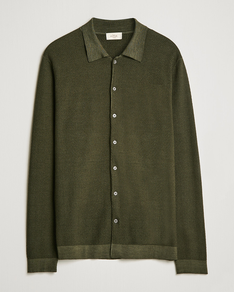 Men | Sweaters & Knitwear | Altea | Herringbone Wool Shirt Dark Green