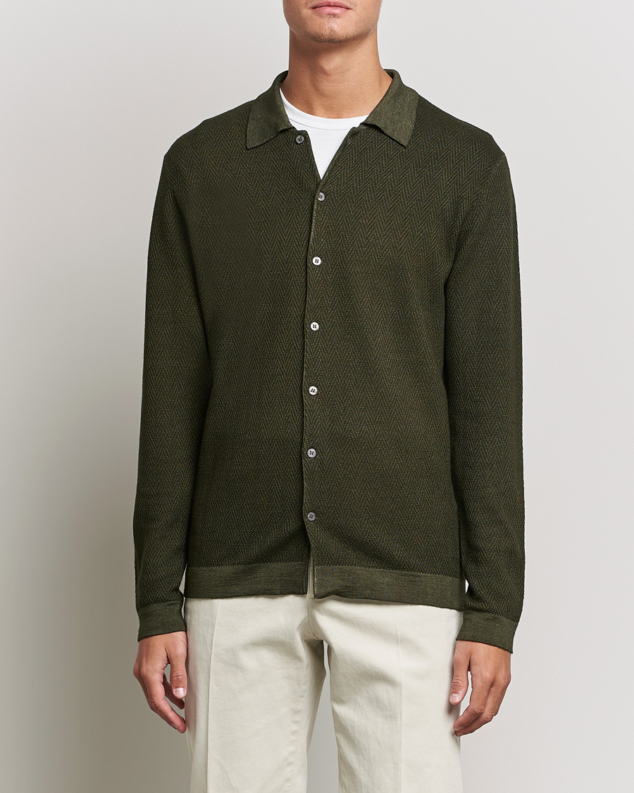 Men | Sweaters & Knitwear | Altea | Herringbone Wool Shirt Dark Green