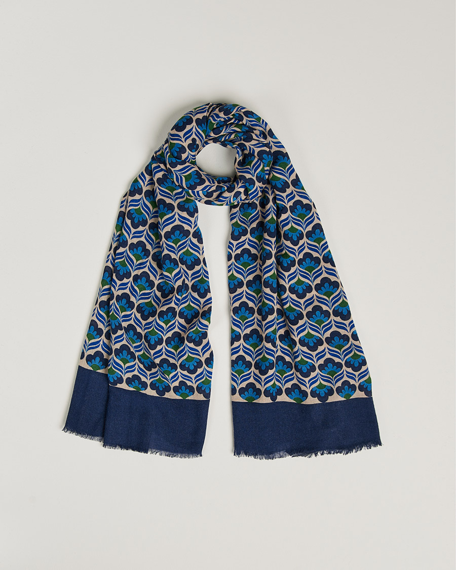 Men | Altea Flower Print Wool Scarf Beige/Blue | Altea | Flower Print Wool Scarf Beige/Blue
