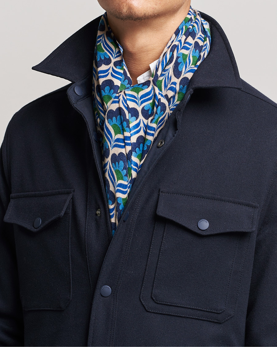 Men | Altea Flower Print Wool Scarf Beige/Blue | Altea | Flower Print Wool Scarf Beige/Blue