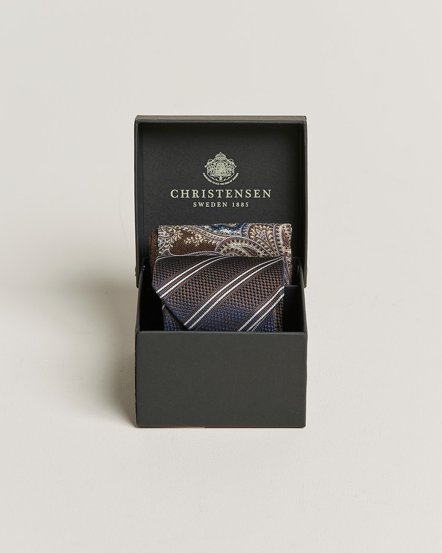 Men |  | Amanda Christensen | Box Set Silk Striped Tie And Wool Pocket Square Brown
