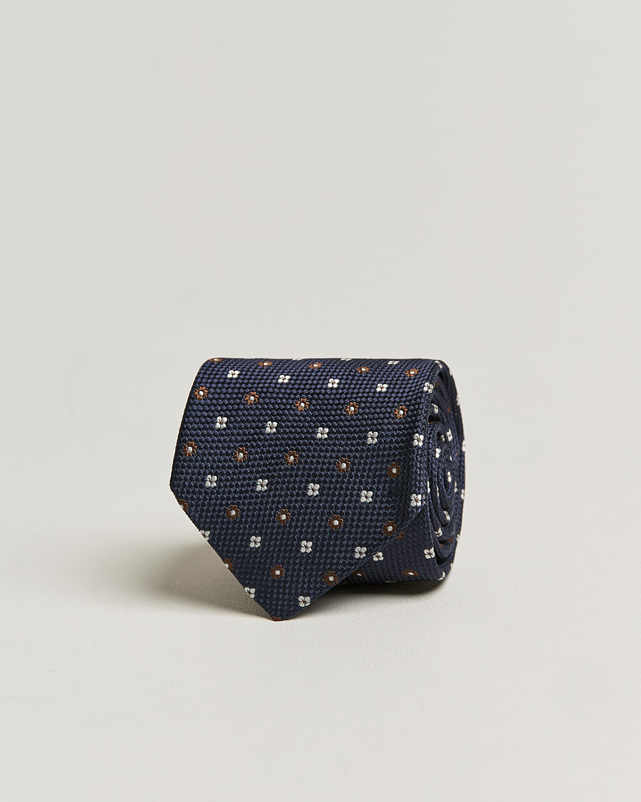 Men |  | Amanda Christensen | Silk 8cm Printed Flower Tie Navy/Brown