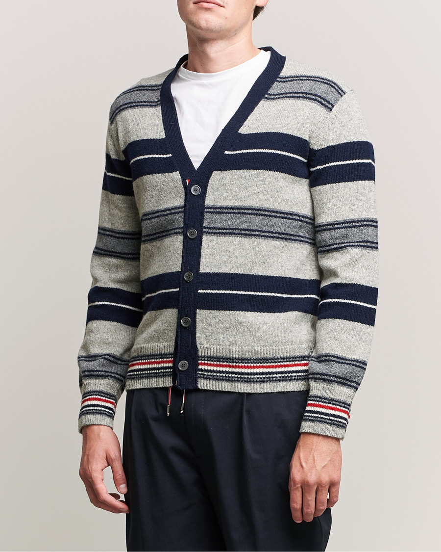Men | Sweaters & Knitwear | Thom Browne | Tartan Stripe Wool Cardigan Medium Grey