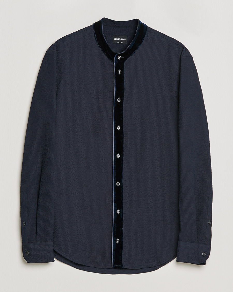 Men | Shirts | Giorgio Armani | Seersucker Velvet Guru Collar Shirt Navy