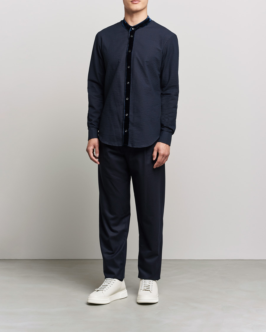 Men | Shirts | Giorgio Armani | Seersucker Velvet Guru Collar Shirt Navy