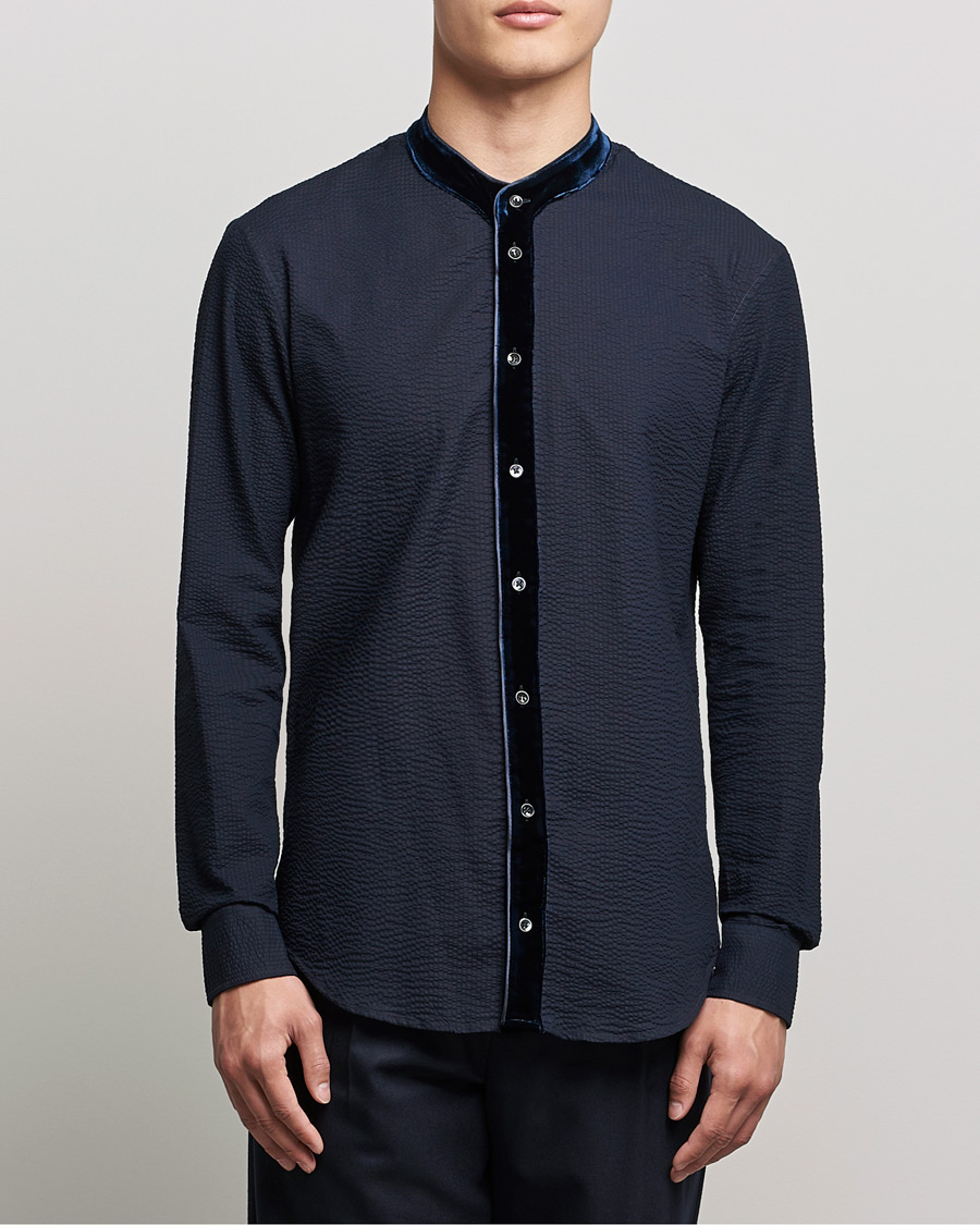 Men |  | Giorgio Armani | Seersucker Velvet Guru Collar Shirt Navy