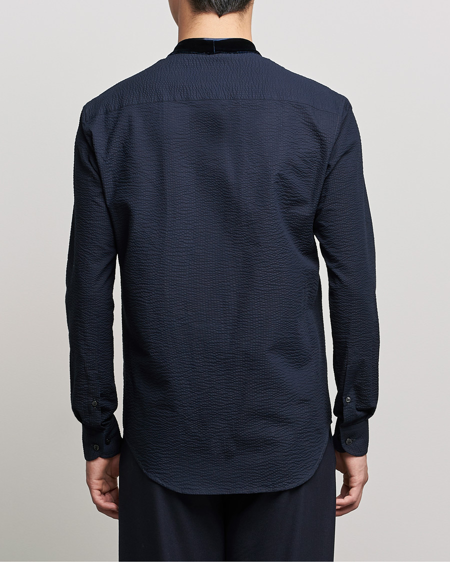 Men | Shirts | Giorgio Armani | Seersucker Velvet Guru Collar Shirt Navy