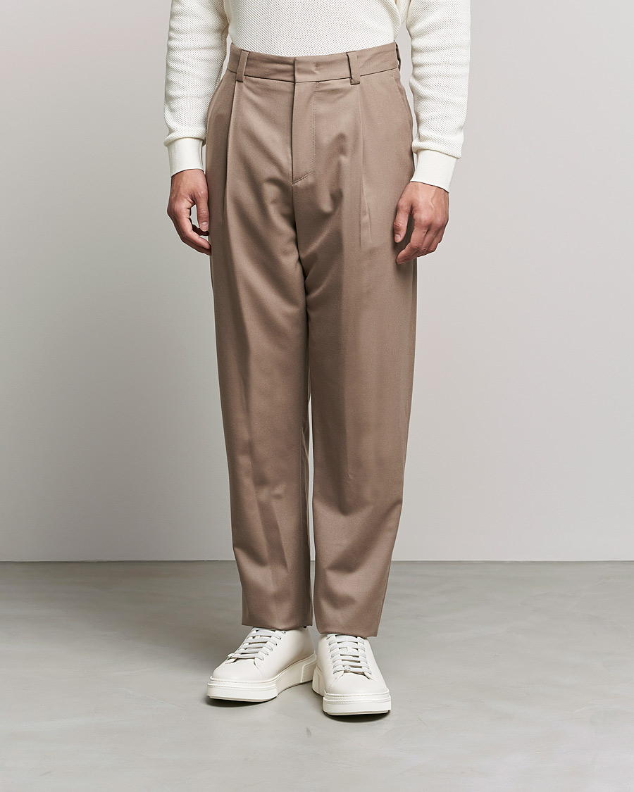 Men | Trousers | Giorgio Armani | Tapered Pleated Flannel Trousers Beige