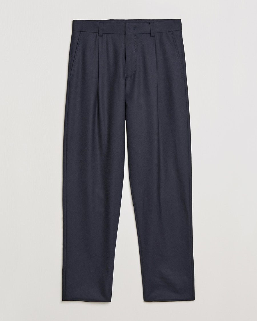 Men | Trousers | Giorgio Armani | Tapered Pleated Flannel Trousers Navy