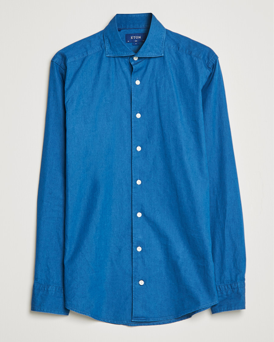 Men | Shirts | Eton | Slim Fit Garment Washed Denim Shirt Indigo