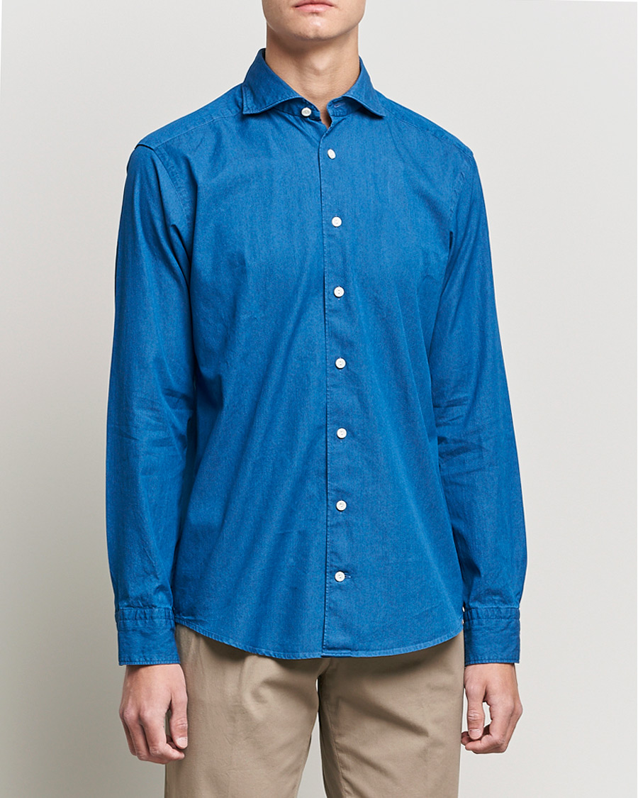 Men | Denim Shirts | Eton | Slim Fit Garment Washed Denim Shirt Indigo