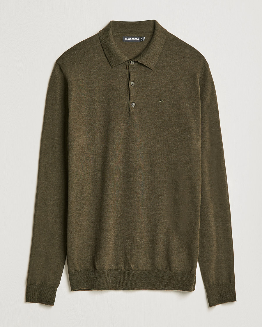 Men | Sweaters & Knitwear | J.Lindeberg | Noel True Merino Poloshirt Forest Green
