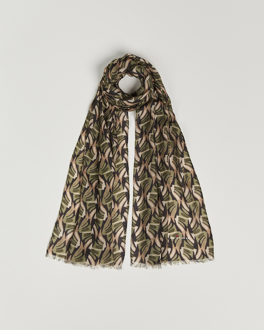 Men | Kiton Printed Cashmere Blend Scarf Olive/Beige | Kiton | Printed Cashmere Blend Scarf Olive/Beige