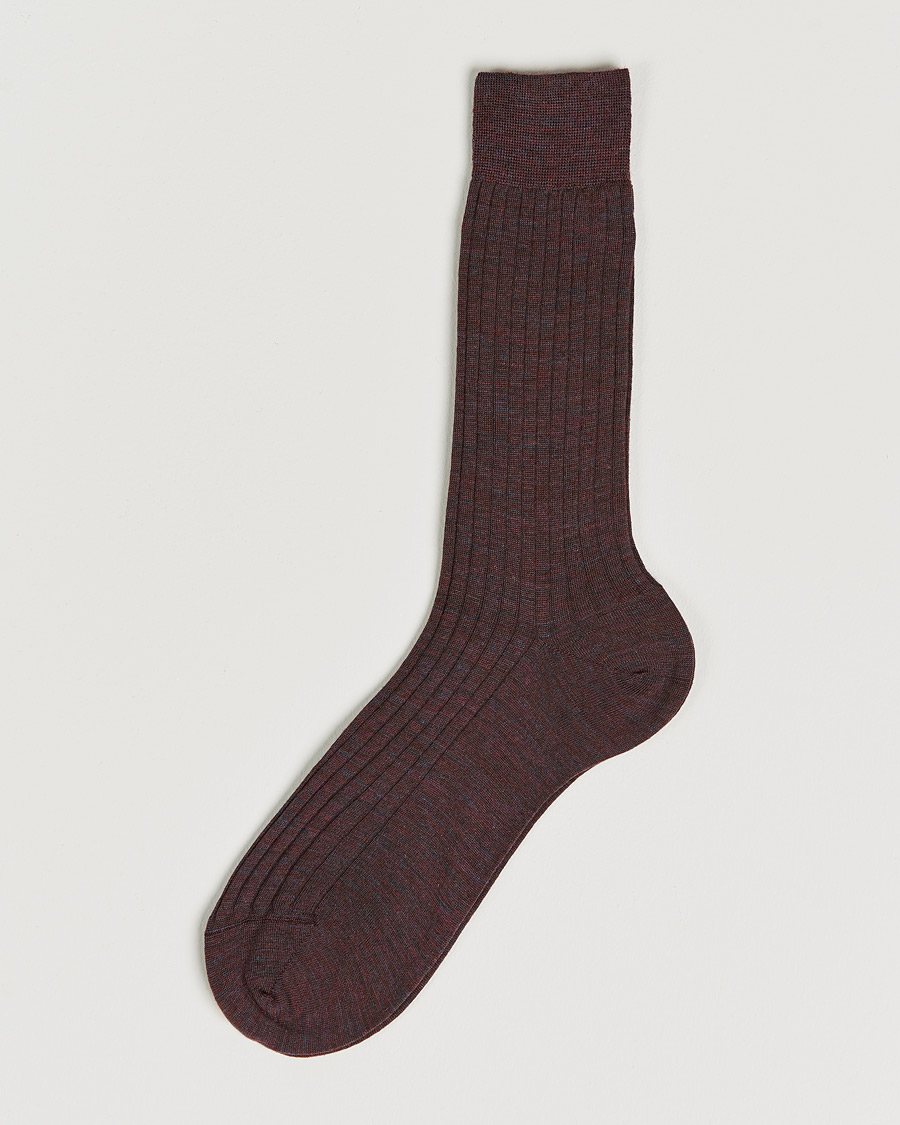 Men |  | Bresciani | Wool/Nylon Ribbed Short Socks Wine Melange