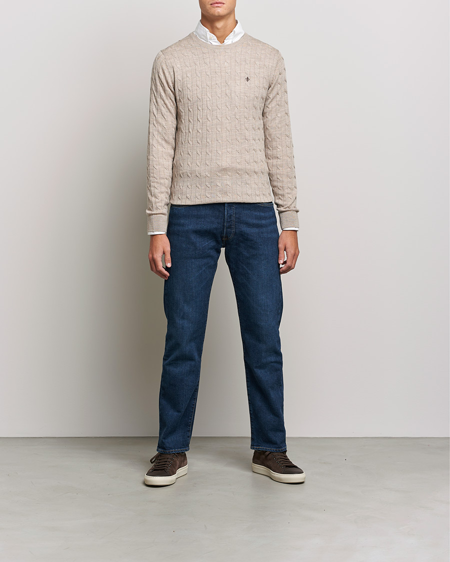 Men | Sweaters & Knitwear | Morris | Merino Cable Crew Neck Khaki Melange