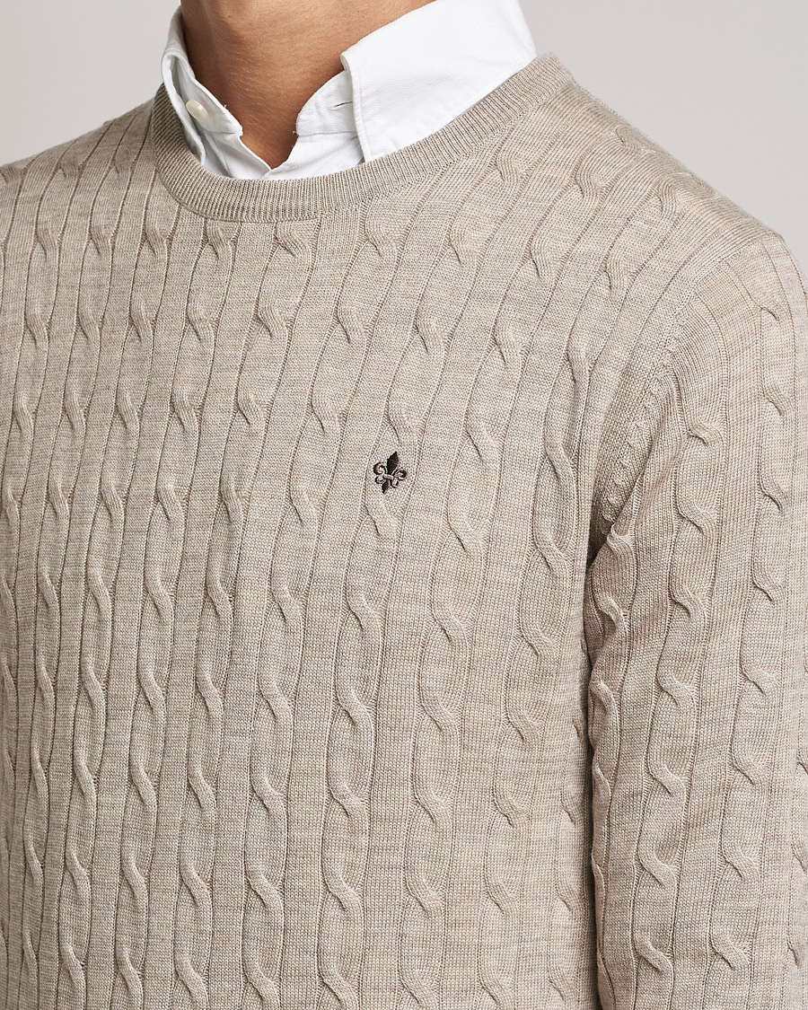 Men | Sweaters & Knitwear | Morris | Merino Cable Crew Neck Khaki Melange