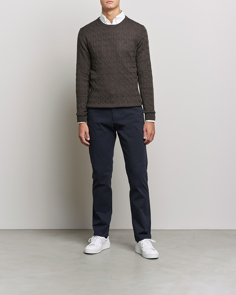 Men | Sweaters & Knitwear | Morris | Merino Cable Crew Neck Dark Brown
