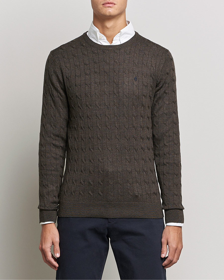 Men | Sweaters & Knitwear | Morris | Merino Cable Crew Neck Dark Brown