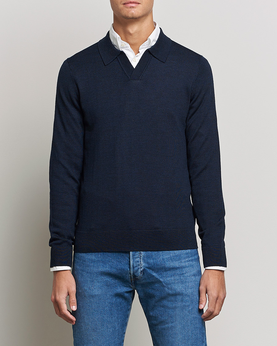 Men | Sweaters & Knitwear | Morris | Delon Merino Knitted Polo Shirt Navy