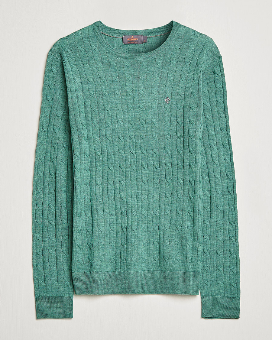 Men | Sweaters & Knitwear | Morris | Merino Cable Crew Neck Pullover Mineral Green
