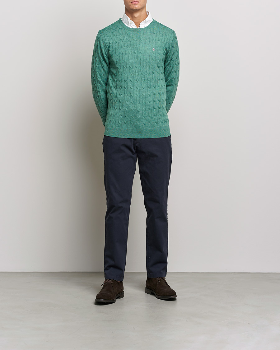 Men | Sweaters & Knitwear | Morris | Merino Cable Crew Neck Pullover Mineral Green
