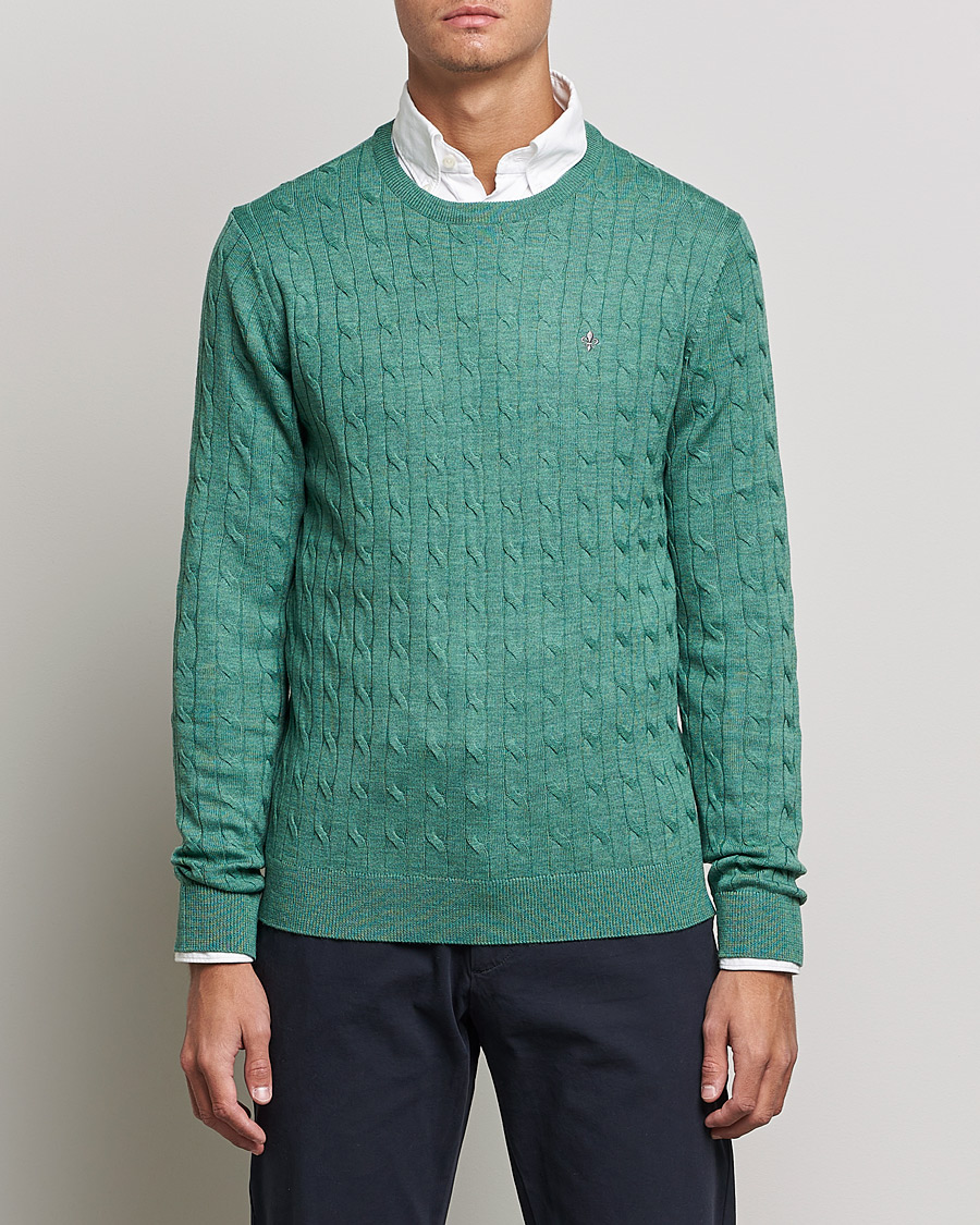 Men | Crew Neck Jumpers | Morris | Merino Cable Crew Neck Pullover Mineral Green