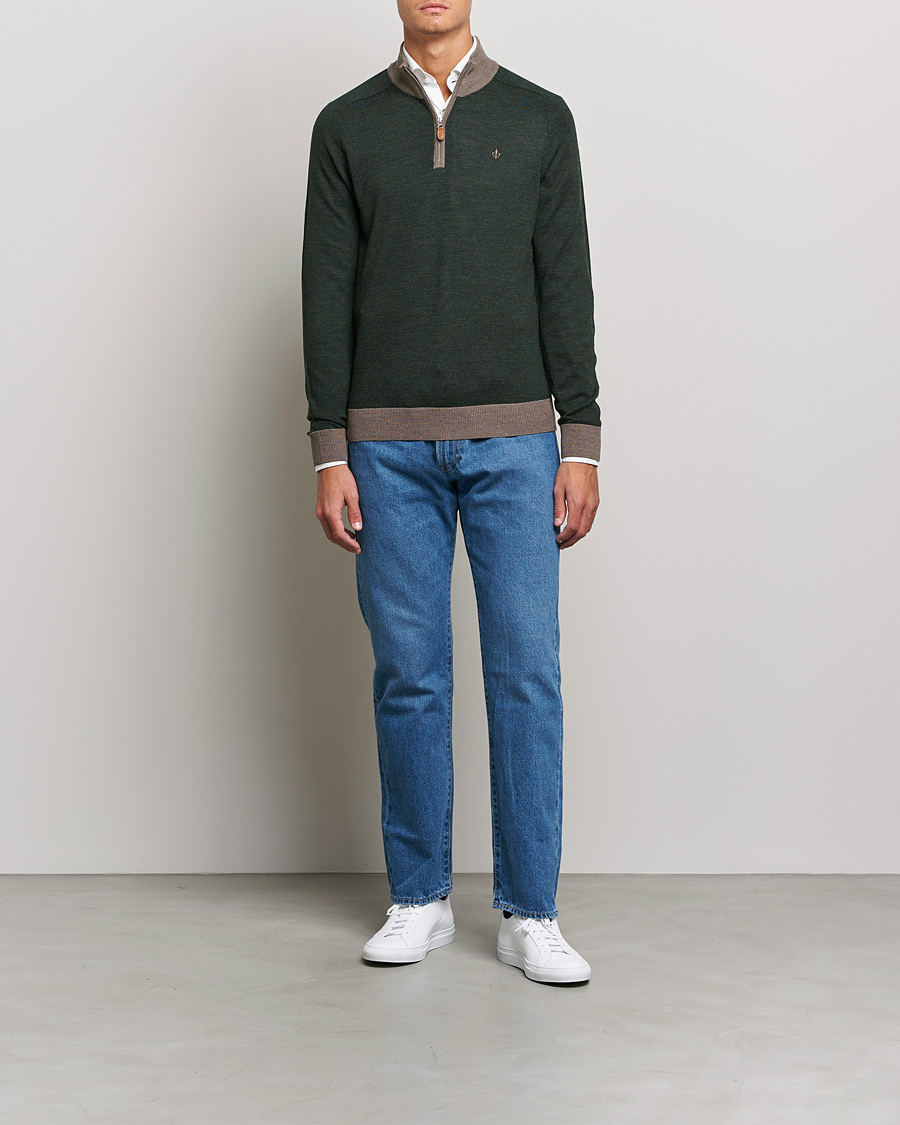Men | Sweaters & Knitwear | Morris | John Merino Half Zip Green/Brown