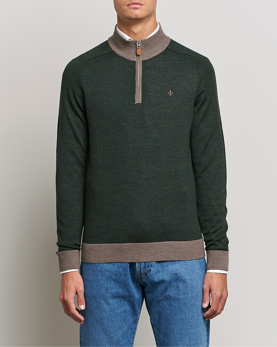 Men | Sweaters & Knitwear | Morris | John Merino Half Zip Green/Brown