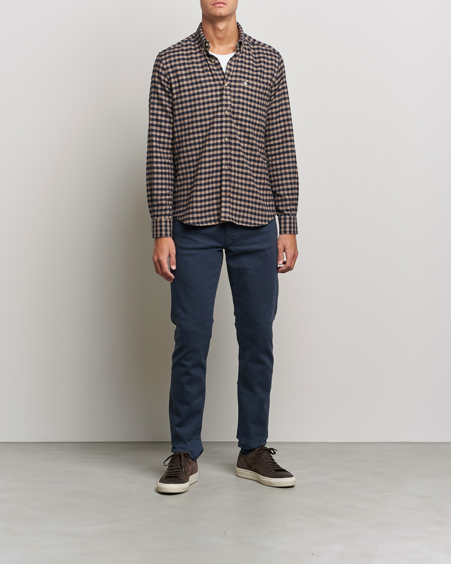 Men | Flannel Shirts | Morris | Brushed Twill Checked Shirt Navy/Brown