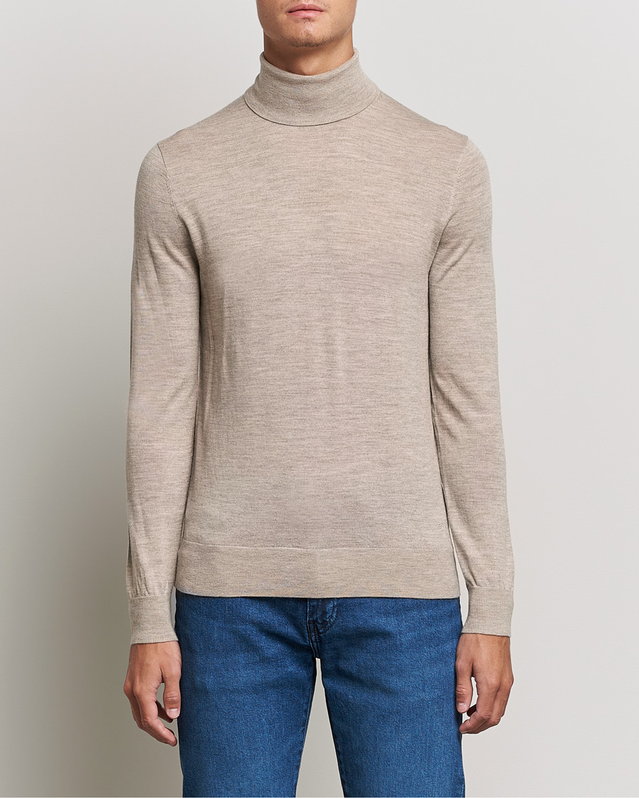 Men | Sweaters & Knitwear | Tiger of Sweden | Neville Extra Fine Merino Polo Beige Melange